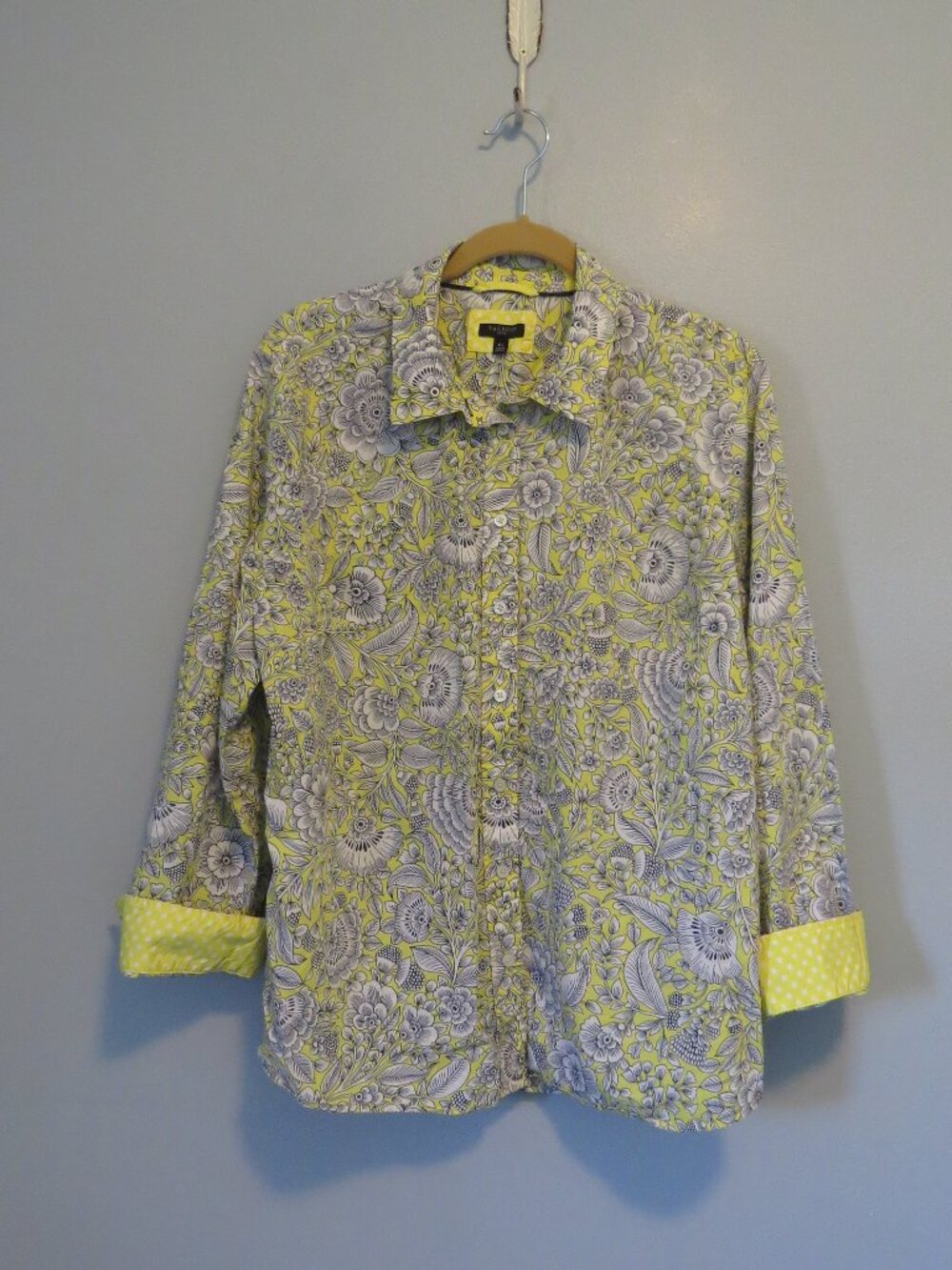 Talbots Modern Classic Shirt Polka Dot Cotton Yellow Navy Floral Sz XLP